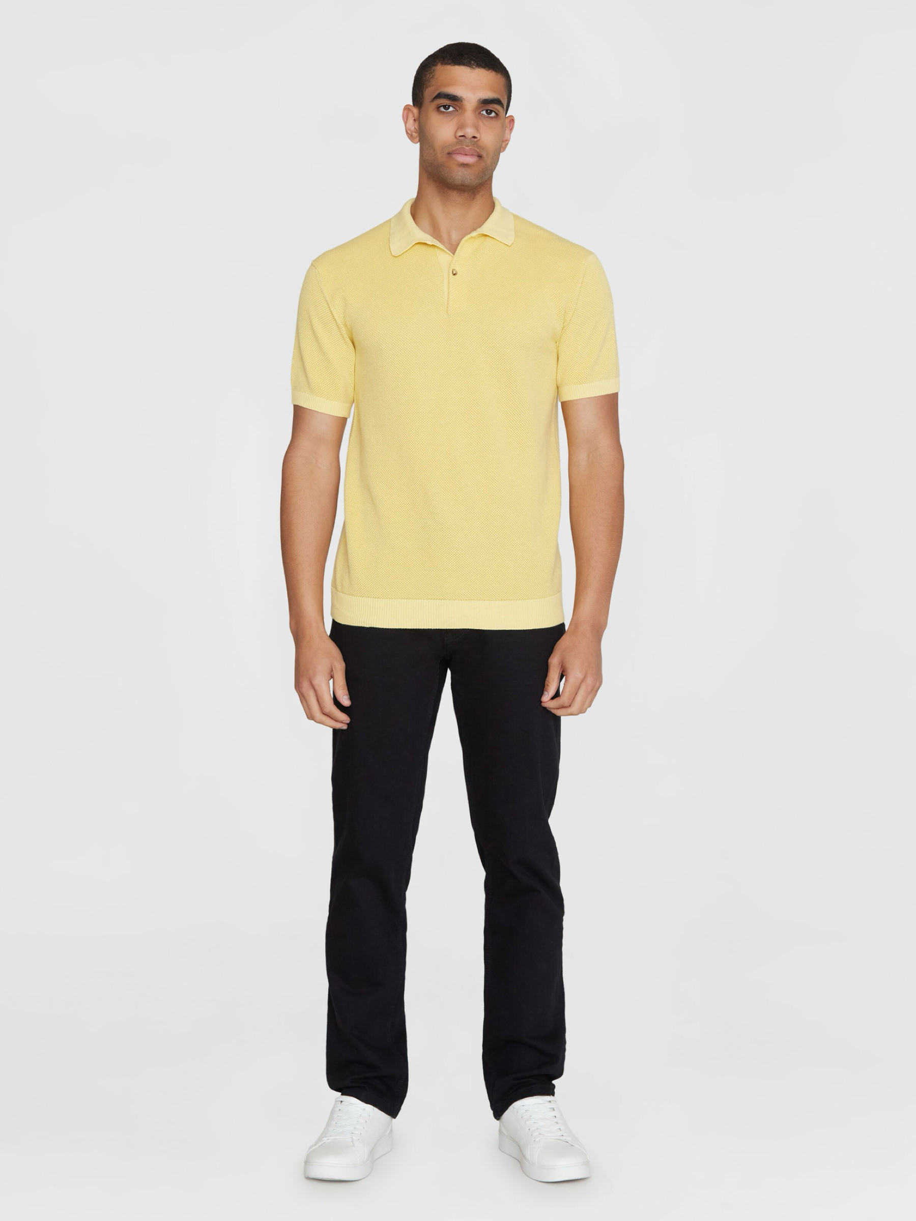 Regular TwoToned Knitted Short Sleeved Polo misted yellow Knowledge Cotton Apparel