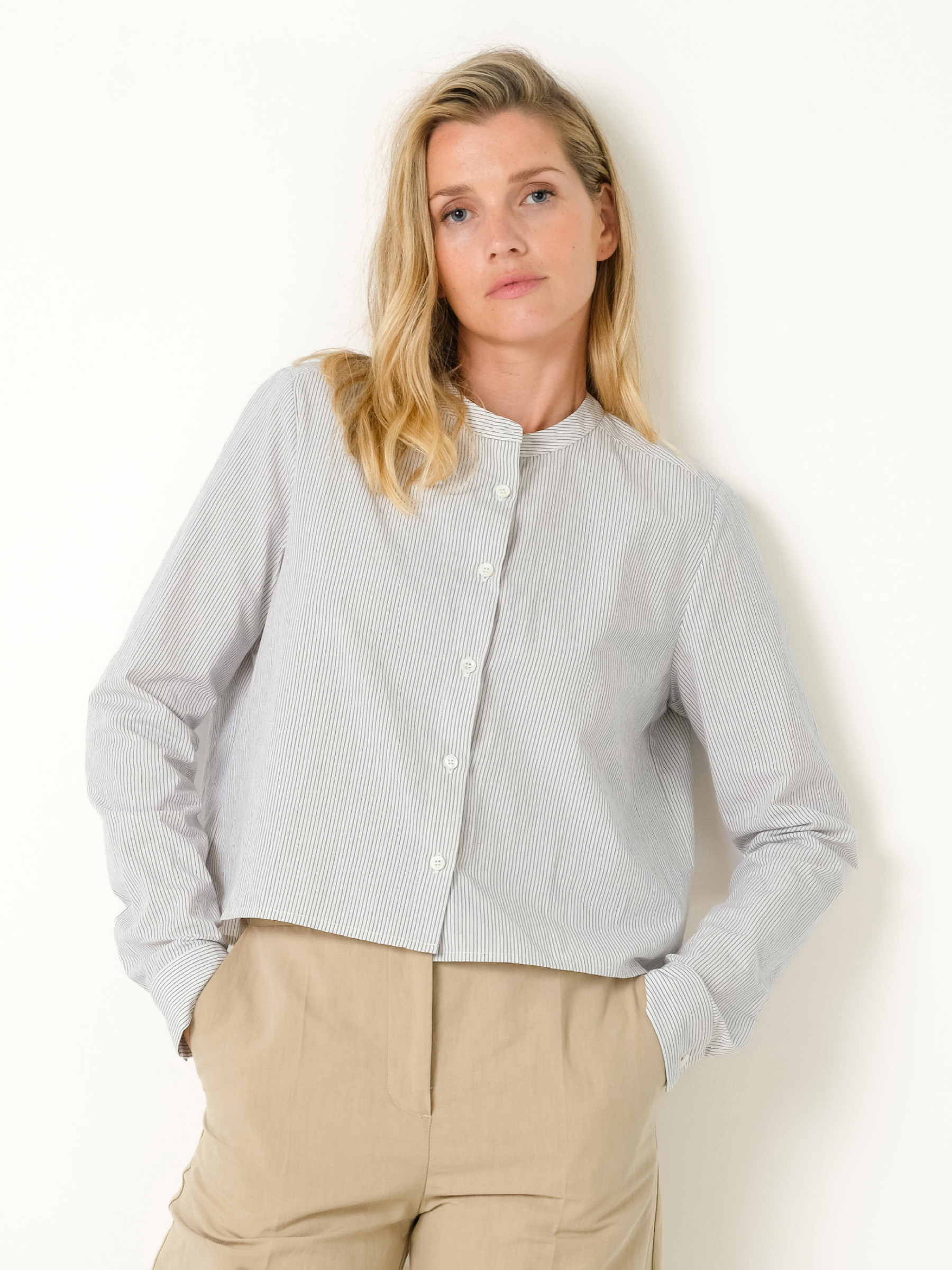 Bluse Collarless Basic thin stripes Shirt CUS