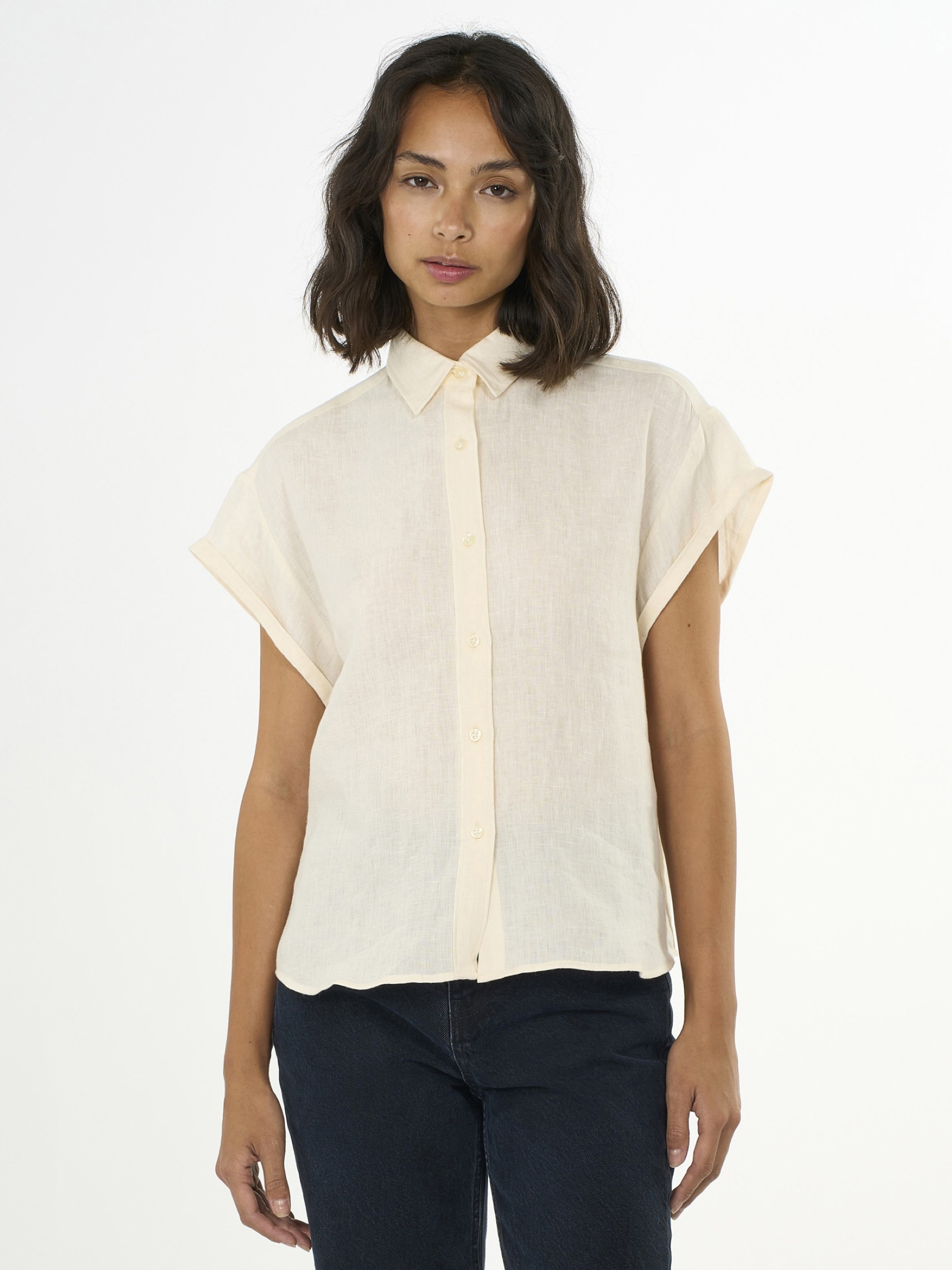 Bluse Aster Short Sleeve Linen Shirt buttercream Knowledge Cotton Apparel