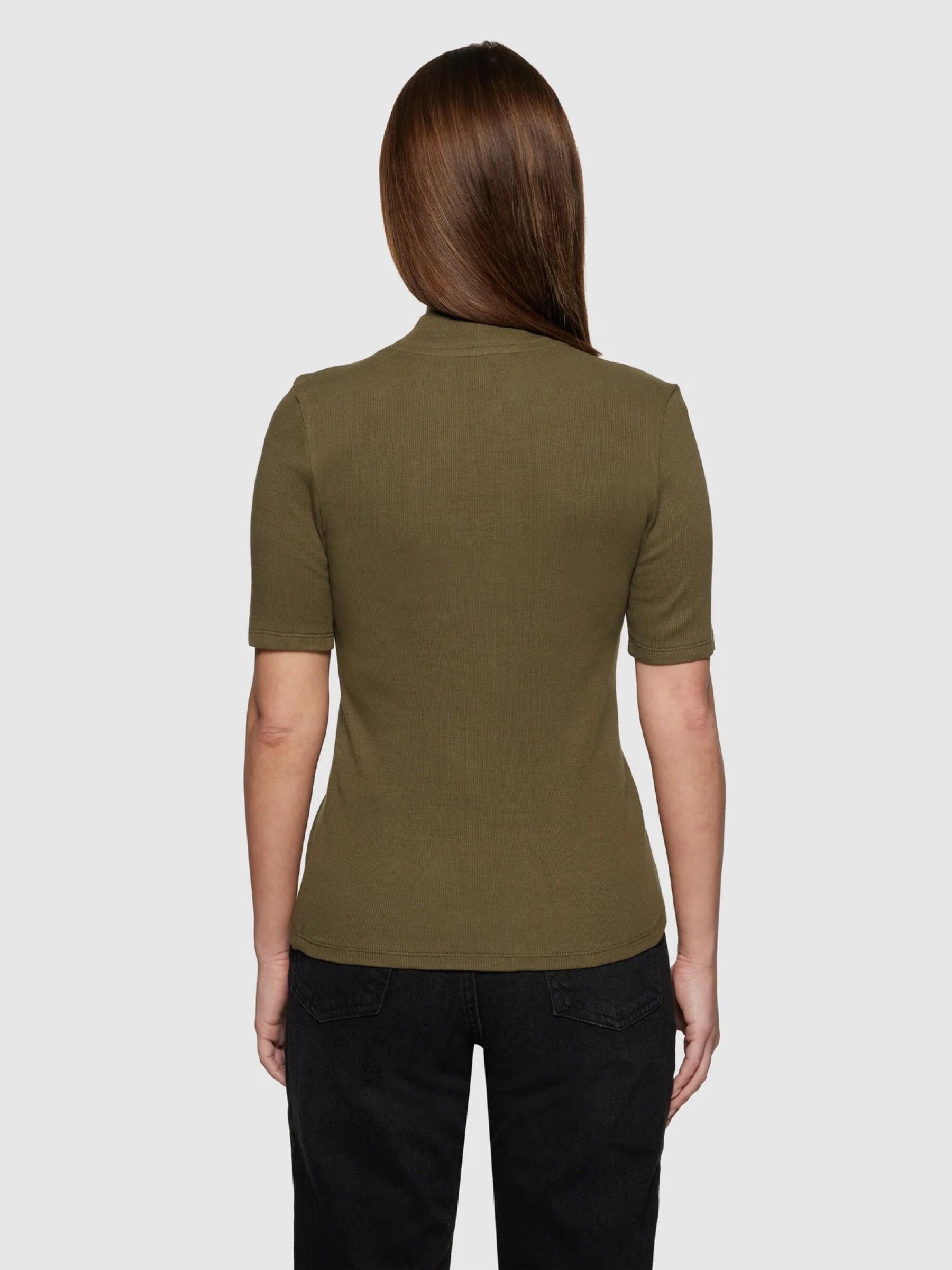 T-Shirt Rib High Neck Short Sleeved dark olive Knowledge Cotton Apparel