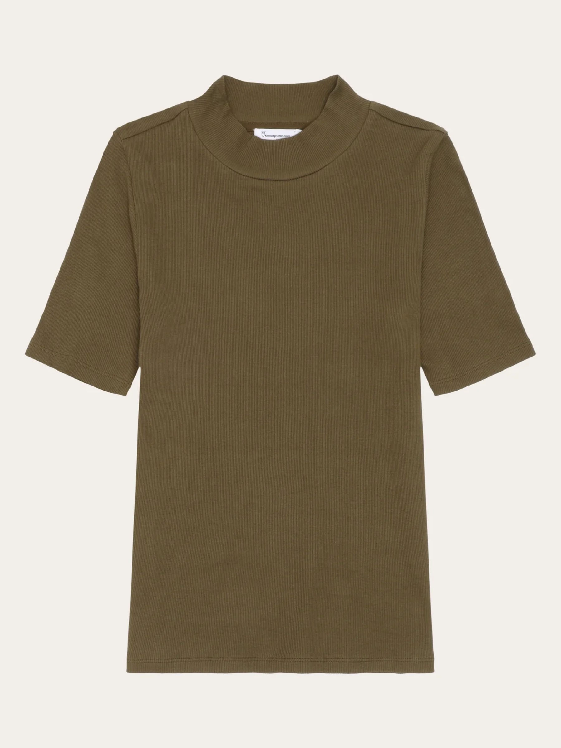 T-Shirt Rib High Neck Short Sleeved dark olive Knowledge Cotton Apparel